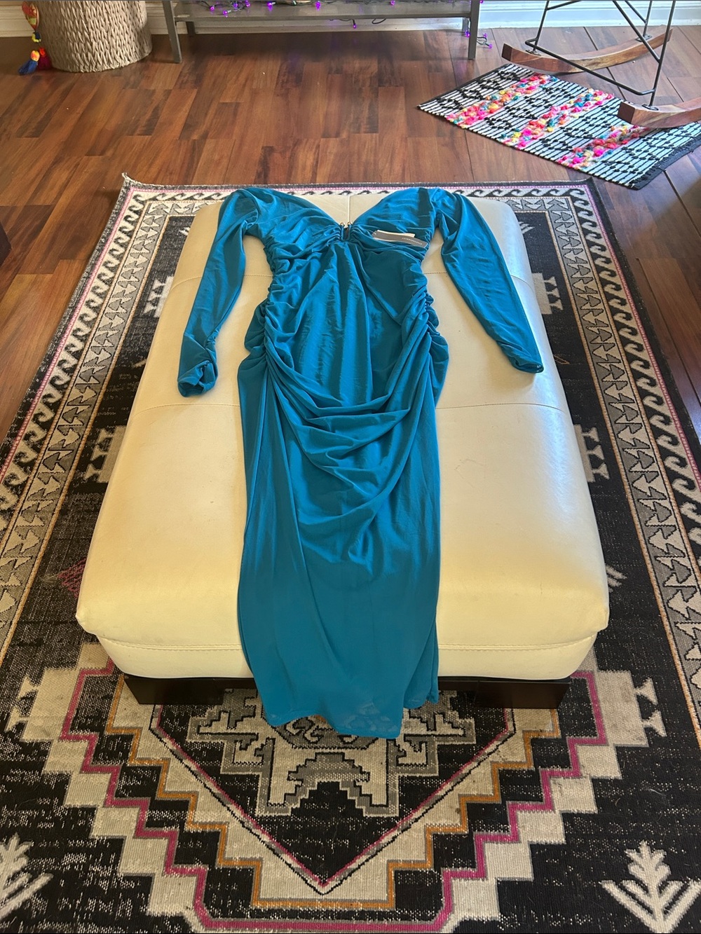Anthropologie Teal Long-Sleeve Draped Midi Dress